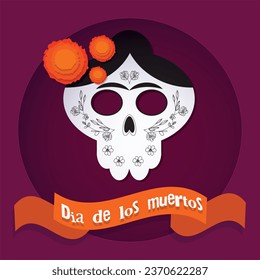 Dia de los muertos, Day of dead, Mexican holiday, festival. Poster, banner and card with make up of sugar skull, woman with flower crown. Halloween concept design. Vector illustration in paper style