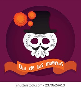 Dia de los muertos, Day of dead, Mexican holiday, festival. Poster, banner and card with make up of sugar skull, woman with flower crown. Halloween concept design. Vector illustration in paper style