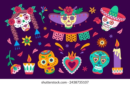 Día de los Muertos o Día de Muertos. Conjunto tradicional con calavera, flores, velas, guirnalda. Halloween en México.