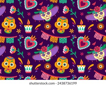 Dia de los Muertos or Day of Dead holiday. Traditional seamless pattern with skull, flowers, candles, garland.