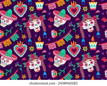 Dia de los Muertos or Day of Dead holiday. Traditional seamless pattern with skull, flowers, candles, garland.