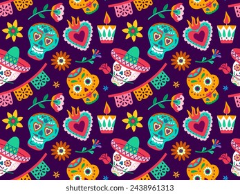 Dia de los Muertos or Day of Dead holiday. Traditional seamless pattern with skull, flowers, candles, garland.