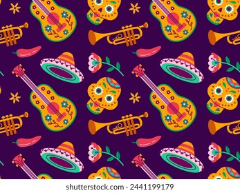 Dia de los Muertos or Day of Dead holiday. Traditional seamless pattern with skull, guitar, sombrero, flowers.