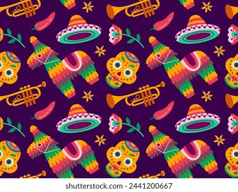 Dia de los Muertos or Day of Dead holiday. Traditional seamless pattern with skull, trumpet, pinata, sombrero, flowers.