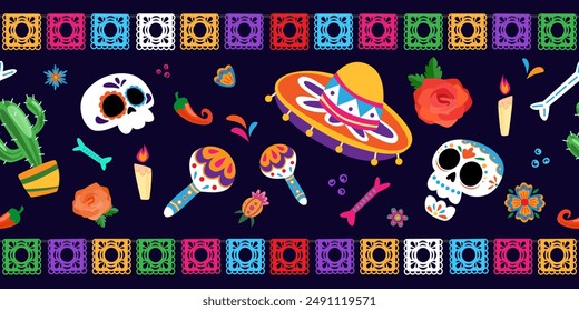 Dia de los muertos - day of the dead seamless border pattern. Mexican traditional festive attributes.