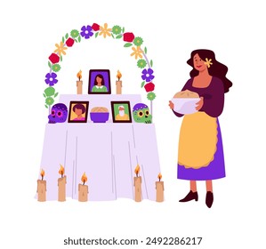 Dia de los Muertos. Day of the Dead. Altar for relatives, decorated with a flower arch. Candles, skulls. Woman baked sweet bread for the holiday. Vector illustration isolated on white background.