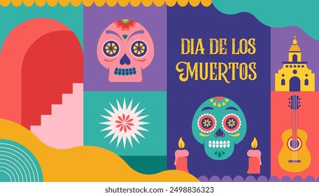 Dia de los muertos, Day of the dead, Mexican holiday, festival. Vector poster, banner and card in modern geometrical style, with skulls, church, guitar and flowers. Vector illustration 