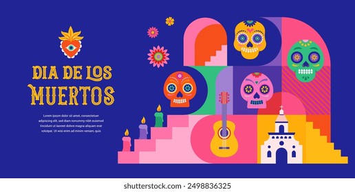 Dia de los muertos, Day of the dead, Mexican holiday, festival. Vector poster, banner and card in modern geometrical style, with skulls, church, guitar and flowers. Vector illustration 