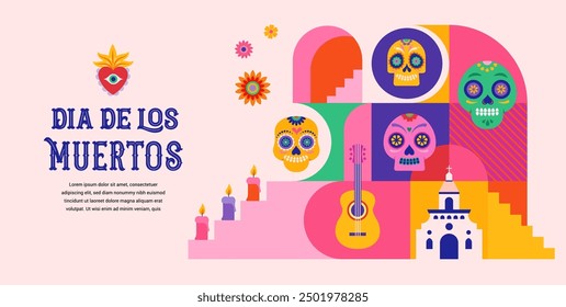 Dia de los muertos, Day of the dead, Mexican holiday, festival. Vector poster, banner and card in modern geometrical style, with skulls, church, guitar and flowers. Vector illustration 