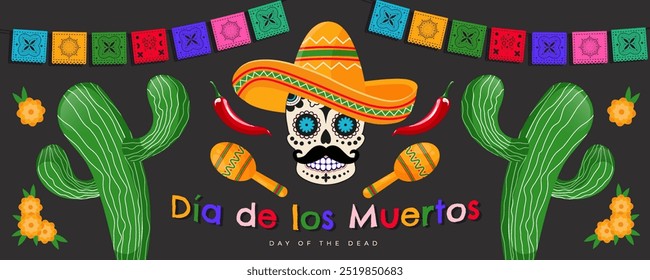 Dia de Los Muertos - Banner de celebração do Dia dos Mortos, cartaz, cartão com objetos tradicionais mexicanos coloridos. Ilustração vetorial