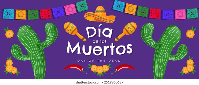 Dia de Los Muertos - Banner de celebração do Dia dos Mortos, cartaz, cartão com objetos tradicionais mexicanos coloridos. Ilustração vetorial