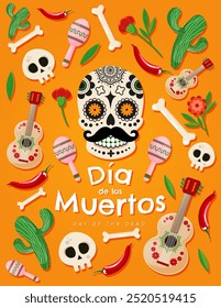 Dia de Los Muertos - Banner de celebração do Dia dos Mortos, cartaz, cartão com objetos tradicionais mexicanos coloridos. Ilustração vetorial