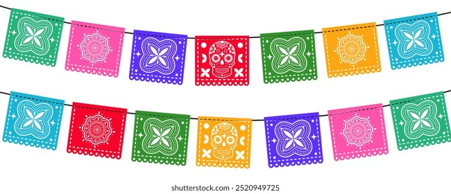 Dia de Los Muertos - Day of the Dead set of colorful mexican traditional paper cutting flags - papel picado.