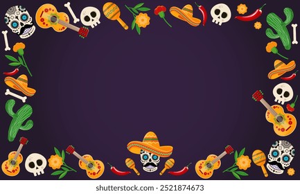 Dia de Los Muertos - Day of the Dead celebration banner, background, card with colorful mexican traditional objects and place for text. Vector illustration