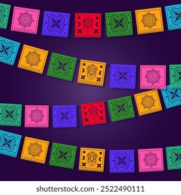 Dia de Los Muertos - Anuncio de celebración del Día de Muertos, fondo, tarjeta con coloridas banderas tradicionales mexicanas de papel - papel picado.