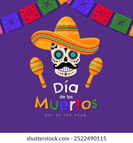 Dia de Los Muertos - Banner de celebração do Dia dos Mortos, cartaz, cartão com objetos tradicionais mexicanos coloridos. Ilustração vetorial