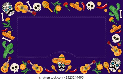 Dia de Los Muertos - Banner de celebração do Dia dos Mortos, fundo, cartão com objetos tradicionais mexicanos coloridos e lugar para texto. Ilustração vetorial