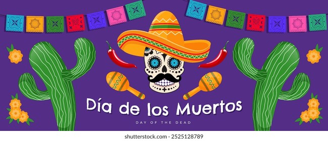 Dia de Los Muertos - Day of the Dead celebration banner, poster, card with colorful mexican traditional objects. Vector illustration