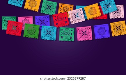 Dia de Los Muertos - Anuncio de celebración del Día de Muertos, fondo, tarjeta con coloridas banderas tradicionales mexicanas de papel - papel picado.