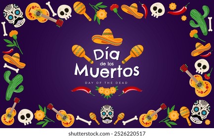 Dia de Los Muertos - Day of the Dead celebration banner, poster, card with colorful mexican traditional objects. Vector illustration