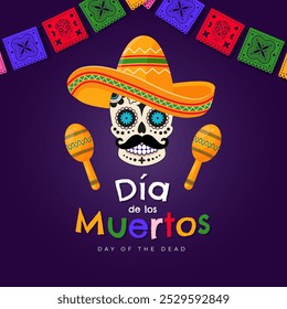 Dia de Los Muertos - Day of the Dead celebration banner, poster, card with colorful mexican traditional objects. Vector illustration