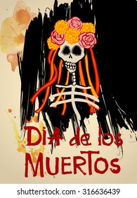 Dia de los Muertos (Day of the Dead) background with Skull and Flowers. Catrina Calavera with yellow Marigold flowers. Vector Illustration