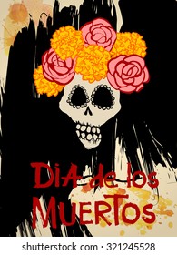 Dia de los Muertos (Day of the Dead) background with Skull and Flowers. Catrina Calavera with yellow Marigold flowers. Vector Illustration