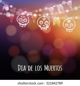 Dia de los muertos (Day of the Dead), Halloween card, invitation. Latino party. String of lights. Hand drawn ornamental skulls, party flags. Vector illustration background