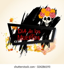 Dia de los Muertos (Day of the Dead) banner with Skull and Flowers. Catrina Calavera with yellow Marigold flowers. Vector Illustration, all elements are well grouped. 