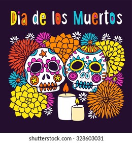 Dia de los Muertos (Day of Dead) or Halloween greeting card, invitation, with hand drawn ornamental sculls, candles and flowers, vector illustration background