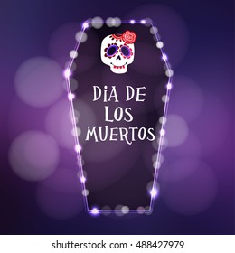 Dia de Los Muertos, Day of the Dead or  Halloween card, invitation. Illuminated coffin, hand drawn skull. Vector illustration background