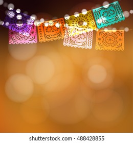 Dia de Los Muertos, Day of the Dead or Halloween card, invitation. Party decoration, string of lights, party flags with skulls. Vector illustration background