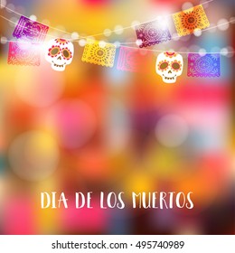 Dia de Los Muertos, Day of the Dead or Halloween card, invitation. Party decoration, string of lights, party flags with skulls. Vector illustration background