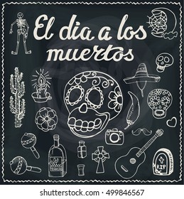 Dia De Los Muertos Day .Mexico doodle elements,holiday set,lettering.Vector Hand drawn sketchy icons.Vintage historic design background ,skull party.Mexican signs.Day of dead Illustration/Chalkboard