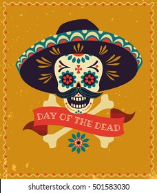  Dia de los muertos. Tag des Toten Vektorplakats mit festlichem Schädel in Sombrero, Knochen und Band mit Inschrift auf gelbem strukturiertem Hintergrund.