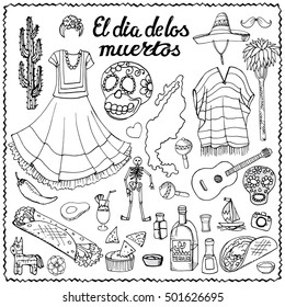 Dia De Los Muertos Day .Mexico doodle elements,holiday set,lettering.Vector Hand drawn sketchy icons.Vintage historic color design background.Mexican food,dress,signs.Day of dead Illustration