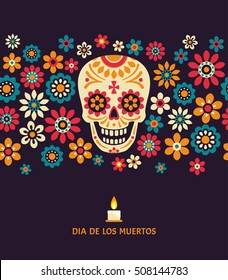 Dia de los muertos. Day of The Dead vector poster with smiling sugar festive skull, surrounded by colorful flowers, isolated on dark background.