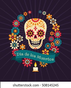 Dia de los muertos. Afiche vectorial del Día de los Muertos con cráneo festivo de azúcar, correa de flores, cinta con inscripción en el fondo oscuro.