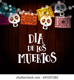 Dia de los Muertos, Day of the Dead or Halloween card, invitation with string of lights, sculls and paper cut party flags. Old wooden background. Vector illustration background.