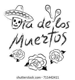 Dia de los muertos - Day of the Dead Vector Illustration. Hand Lettered Text with a skull and maracas. 