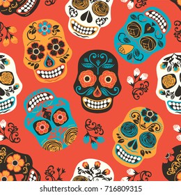 Dia De Los Muertos. Day Of The Dead. Seamless Pattern. Vector Template.