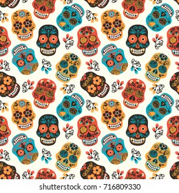 Dia De Los Muertos. Day Of The Dead. Seamless Pattern. Vector Template.