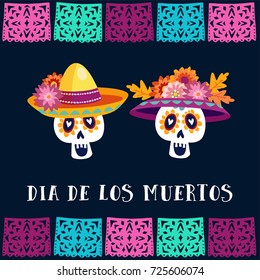 Dia de Los Muertos, Day of the Dead or Halloween greeting card, invitation. Party decoration with sugar skulls and handmade cut flags. Vector illustration background.