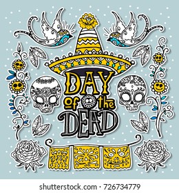 Dia de los Muertos / Day of the Dead design template. Hand sketched elements.