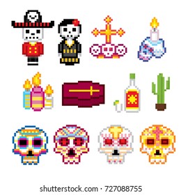 Dia de los muertos. Day of the dead icons set. Pixel art. Old school computer graphic style. Games elements.