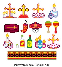 Dia de los muertos. Day of the dead icons set. Pixel art. Old school computer graphic style. Games elements.