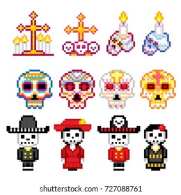 Dia de los muertos. Day of the dead icons set. Pixel art. Old school computer graphic style. Games elements.