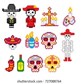 Dia de los muertos. Day of the dead icons set. Pixel art. Old school computer graphic style. Games elements.