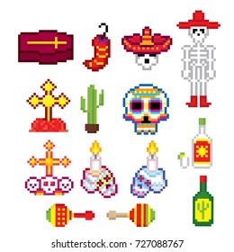 Dia de los muertos. Day of the dead icons set. Pixel art. Old school computer graphic style. Games elements.