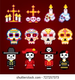 Dia de los muertos. Day of the dead icons set. Pixel art. Old school computer graphic style. Games elements.